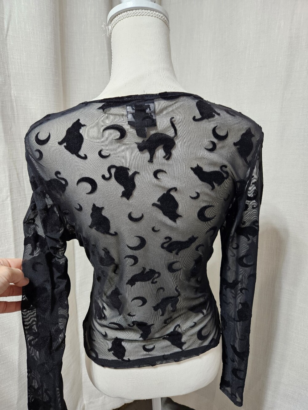 Planet Heart Black Sheer Mesh Cat Moon Celestial Long Sleeve Top - Picture 2 of 7